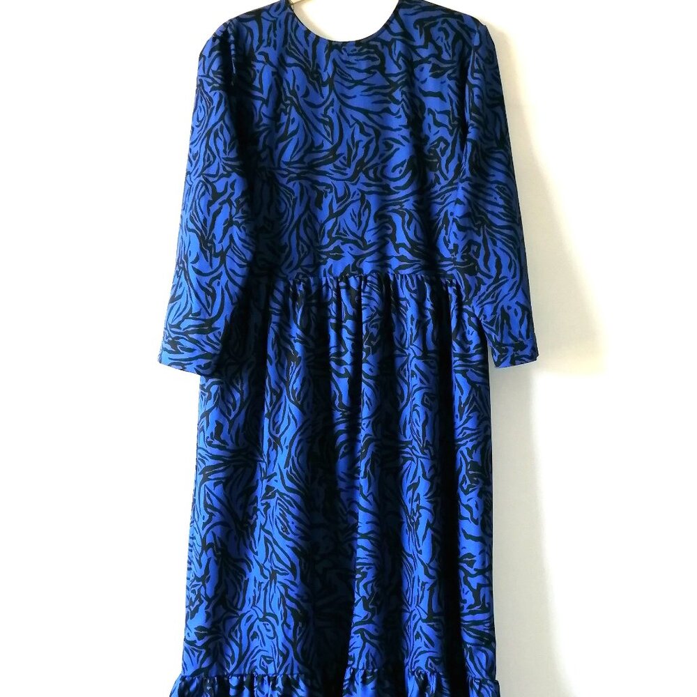 Aly Daly Womens Blue Crew Neck Zebra Print Ruffle Hem Long Maxi Dress Size L